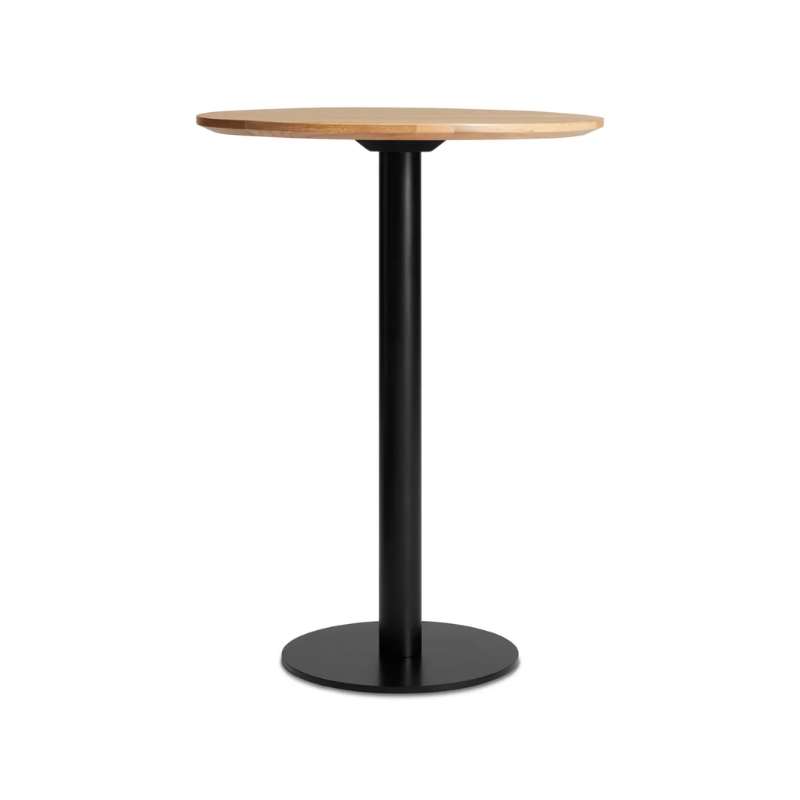 The 30 inch round bar height Easy Dining Table from Blu Dot with a white oak top and black base.