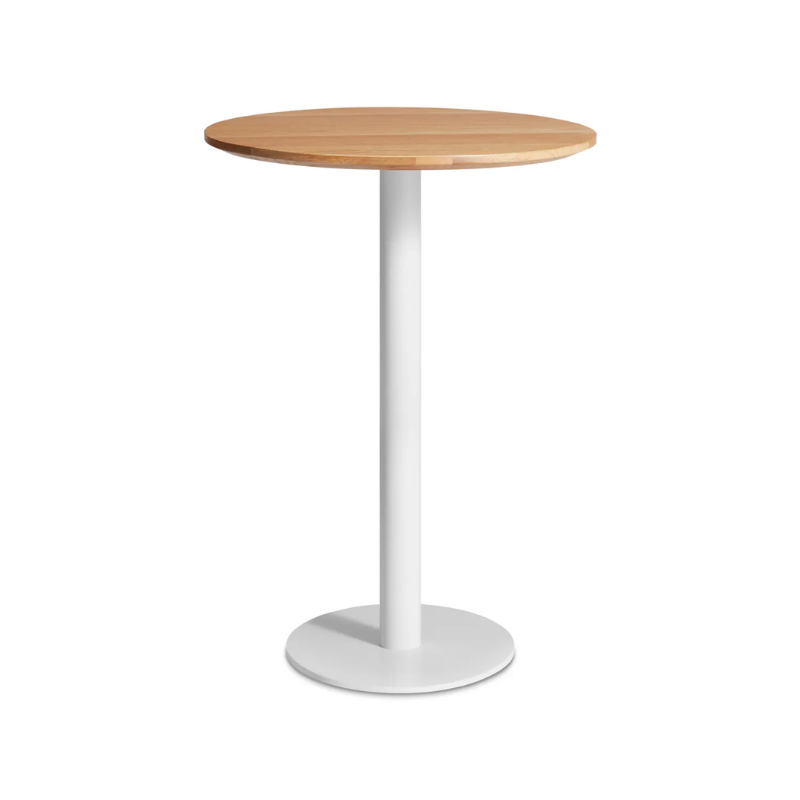 The 30 inch round bar height Easy Dining Table from Blu Dot with a white oak top and white base from an angle.