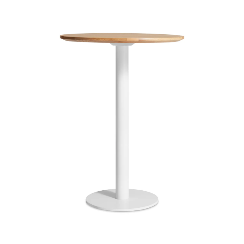 The 30 inch round bar height Easy Dining Table from Blu Dot with a white oak top and white base.