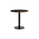 The 30 inch round Easy Dining Table from Blu Dot with a black laminate top and black base from an angle.