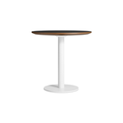 The 30 inch round Easy Dining Table from Blu Dot with a black laminate top and white base.