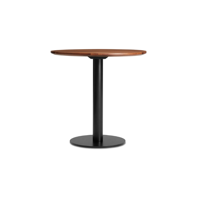 The 30 inch round Easy Dining Table from Blu Dot with a walnut top and black base.