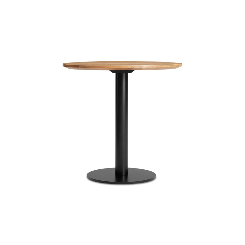 The 30 inch round Easy Dining Table from Blu Dot with a white oak  top and black base.