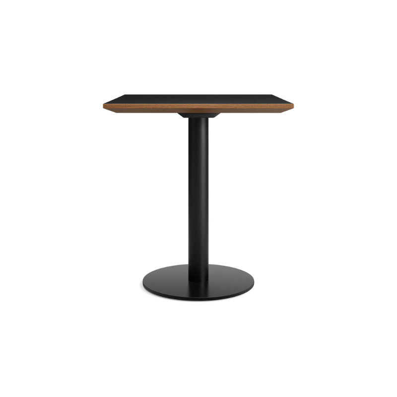 The 32 inch rectangular Easy Dining Table from Blu Dot with a black laminate top and black base from the side.