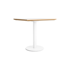 The 32 inch rectangular Easy Dining Table from Blu Dot with a white laminate top and white base from an angle.