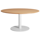 The 60 inch round Easy Dining Table from Blu Dot with a white oak top and white base from an angle.