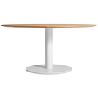 The 60 inch round Easy Dining Table from Blu Dot with a white oak top and white base.