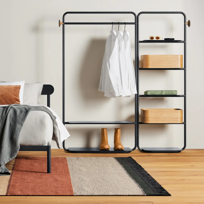 Garden Party Shelving System in Oblivion with white oak Garden Party Storage Box by BluDot in a bedroom.