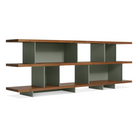 The Happy Day Shelving 3 Shelf from Blu Dot in walnut and grey green from an angle.