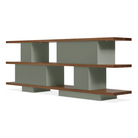 The Happy Day Shelving 3 Shelf from Blu Dot in walnut and grey green from the back at an angle.