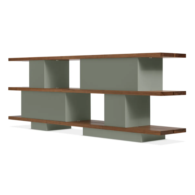 The Happy Day Shelving 3 Shelf from Blu Dot in walnut and grey green from the back at an angle.