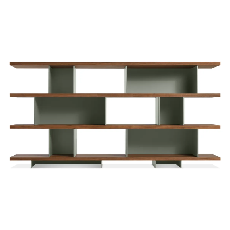 The Happy Day Shelving 4 Shelf from Blu Dot in walnut and grey green.