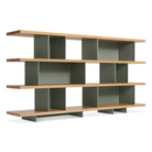 The Happy Day Shelving 4 Shelf from Blu Dot in white oak and grey green from an angle.