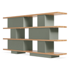 The Happy Day Shelving 4 Shelf from Blu Dot in white oak and grey green from the back at an angle.