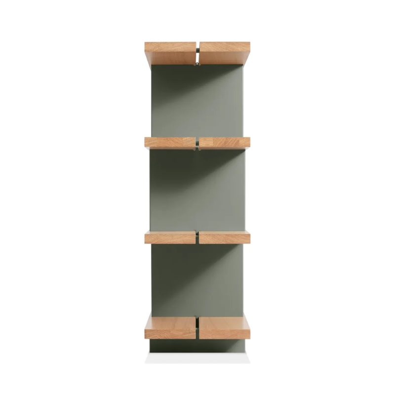 The Happy Day Shelving 4 Shelf from Blu Dot in white oak and grey green from the side.