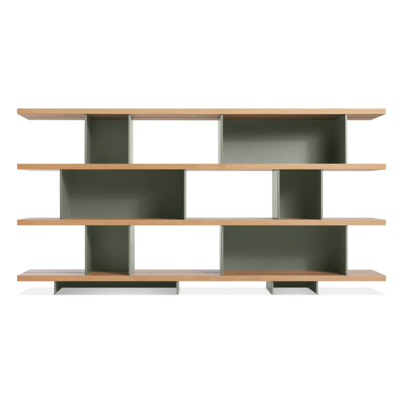 The Happy Day Shelving 4 Shelf from Blu Dot in white oak and grey green.