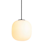 The large Midwinter Pendant Light from Blu Dot turned on from a low angle.