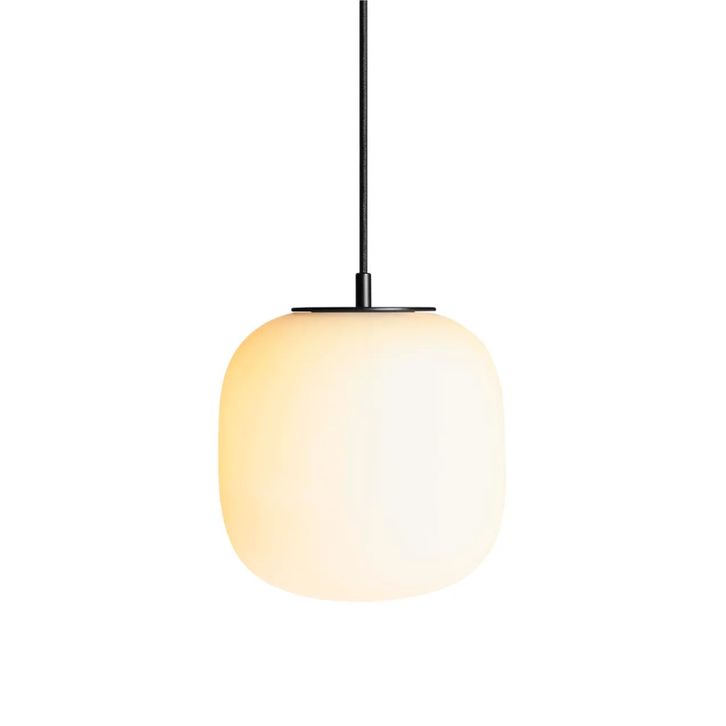 The small Midwinter Pendant Light from Blu Dot turned on.