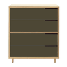 The Modu-licious #4 from Blu Dot in maple with dark olive drawer set 1 and dark olive drawer set 2.