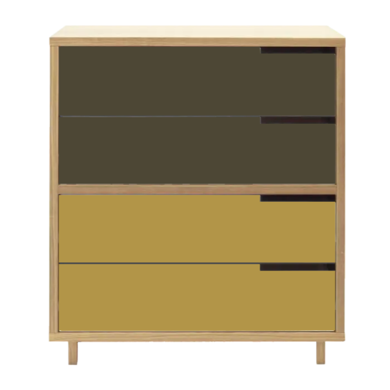 The Modu-licious #4 from Blu Dot in maple with dark olive drawer set 1 and mustard drawer set 2.