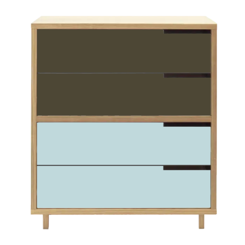 The Modu-licious #4 from Blu Dot in maple with dark olive drawer set 1 and robin's egg blue drawer set 2.