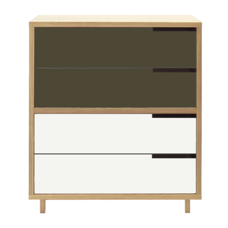 The Modu-licious #4 from Blu Dot in maple with dark olive drawer set 1 and white drawer set 2.