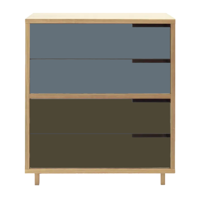 The Modu-licious #4 from Blu Dot in maple with grey blue drawer set 1 and dark olive drawer set 2.