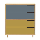 The Modu-licious #4 from Blu Dot in maple with grey blue drawer set 1 and mustard drawer set 2.