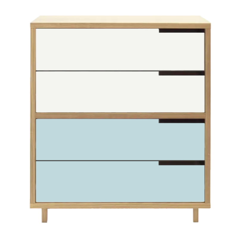 The Modu-licious #4 from Blu Dot in maple with white drawer set 1 and robin's egg blue drawer set 2.