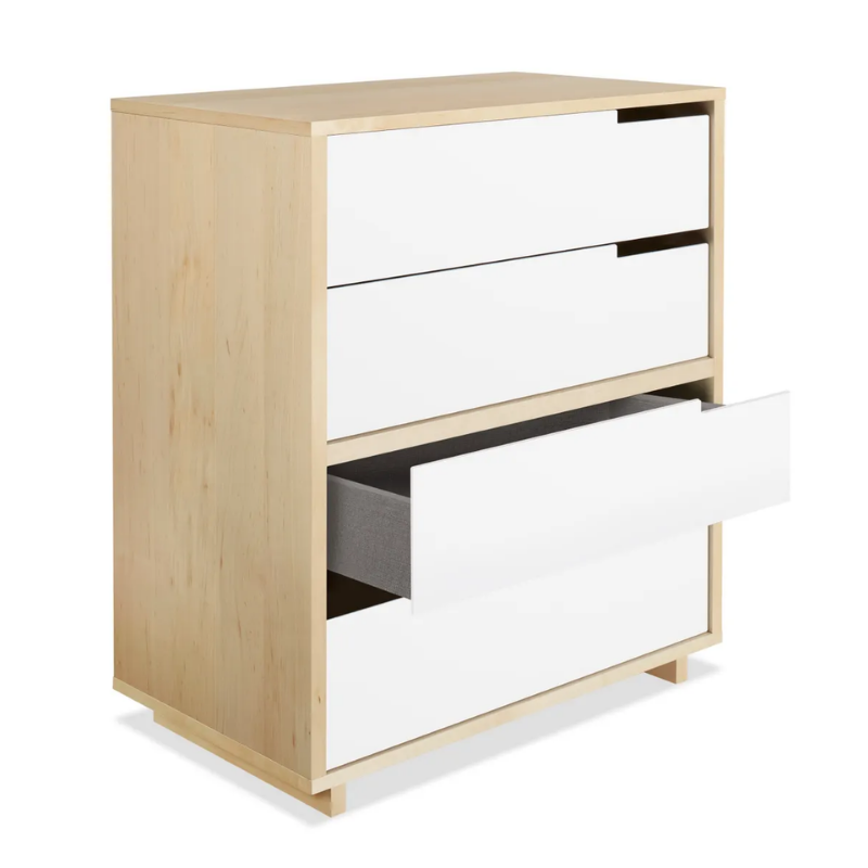 The Modu-licious #4 from Blu Dot in maple with white drawer set 1 and white drawer set 2 with an open drawer.