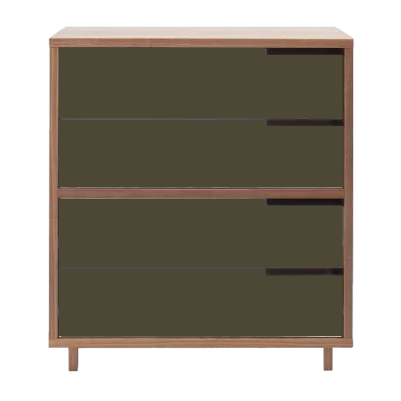 The Modu-licious #4 from Blu Dot in walnut with dark olive drawer set 1 and dark olive drawer set 2.