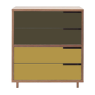 The Modu-licious #4 from Blu Dot in walnut with dark olive drawer set 1 and mustard drawer set 2.