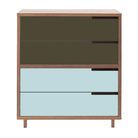 The Modu-licious #4 from Blu Dot in walnut with dark olive drawer set 1 and robin's egg blue drawer set 2.