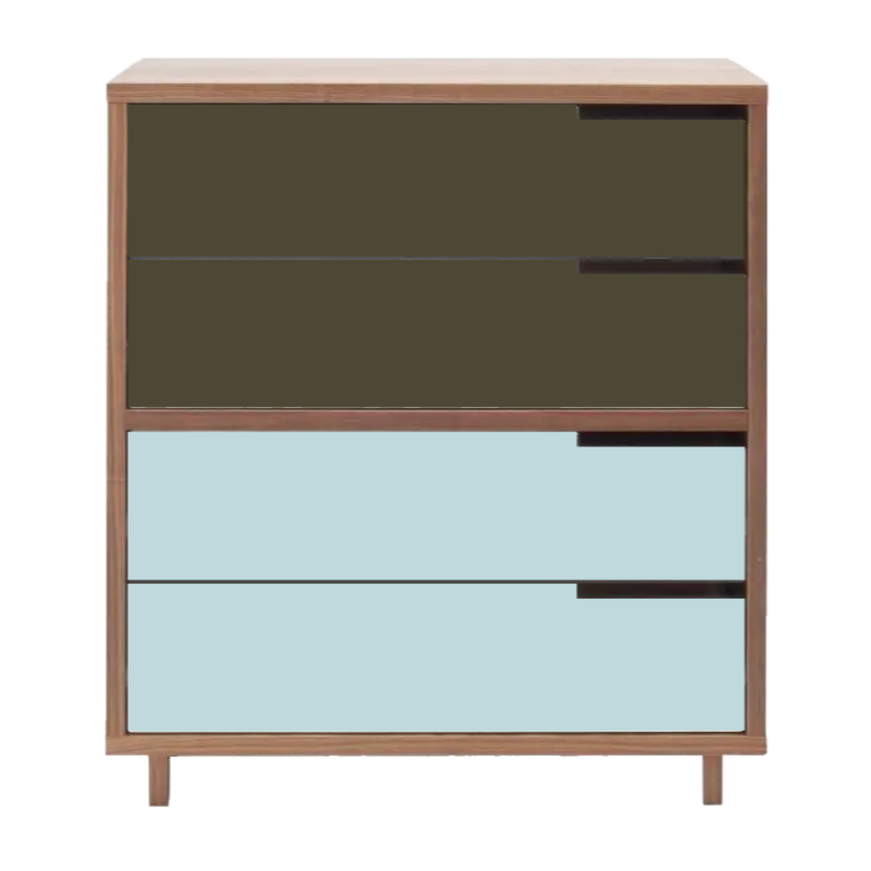 The Modu-licious #4 from Blu Dot in walnut with dark olive drawer set 1 and robin's egg blue drawer set 2.