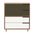 The Modu-licious #4 from Blu Dot in walnut with dark olive drawer set 1 and white drawer set 2.