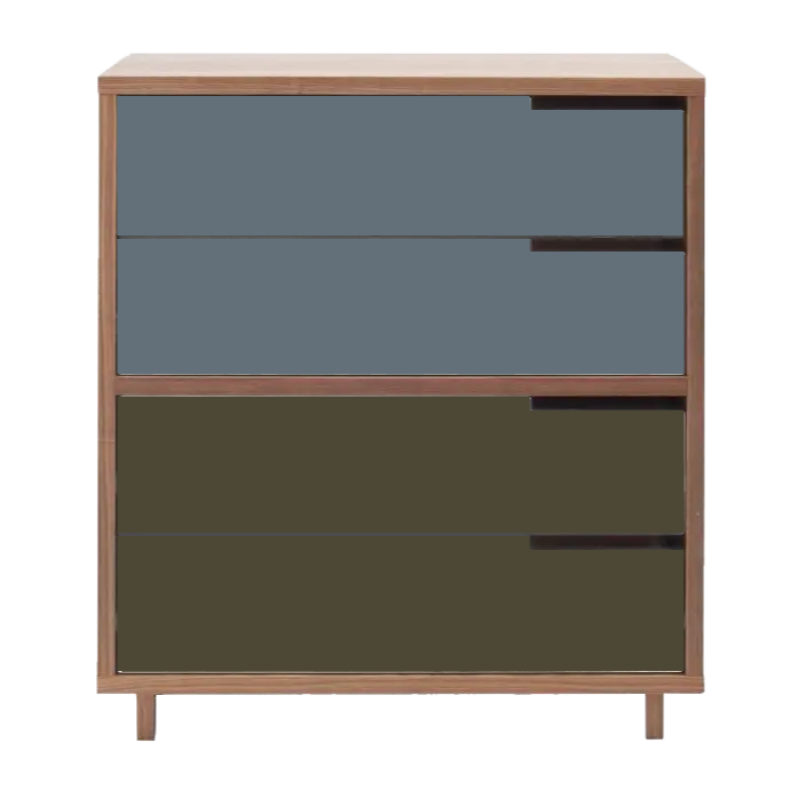 The Modu-licious #4 from Blu Dot in walnut with grey blue drawer set 1 and dark olive drawer set 2.