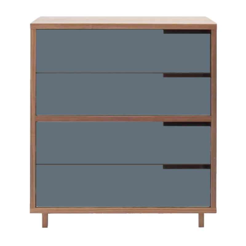 The Modu-licious #4 from Blu Dot in walnut with grey blue drawer set 1 and grey blue drawer set 2.