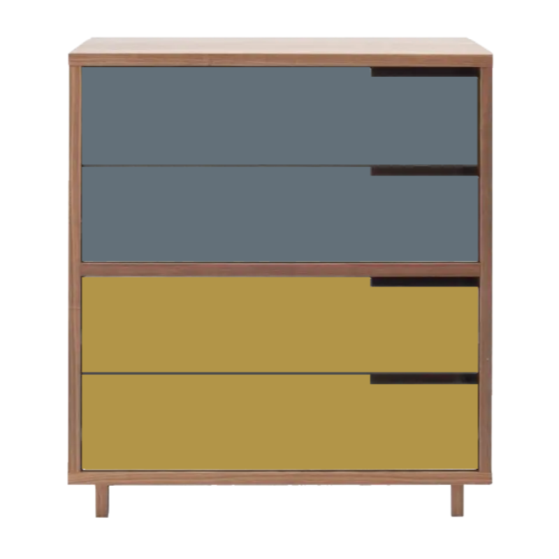 The Modu-licious #4 from Blu Dot in walnut with grey blue drawer set 1 and mustard drawer set 2.