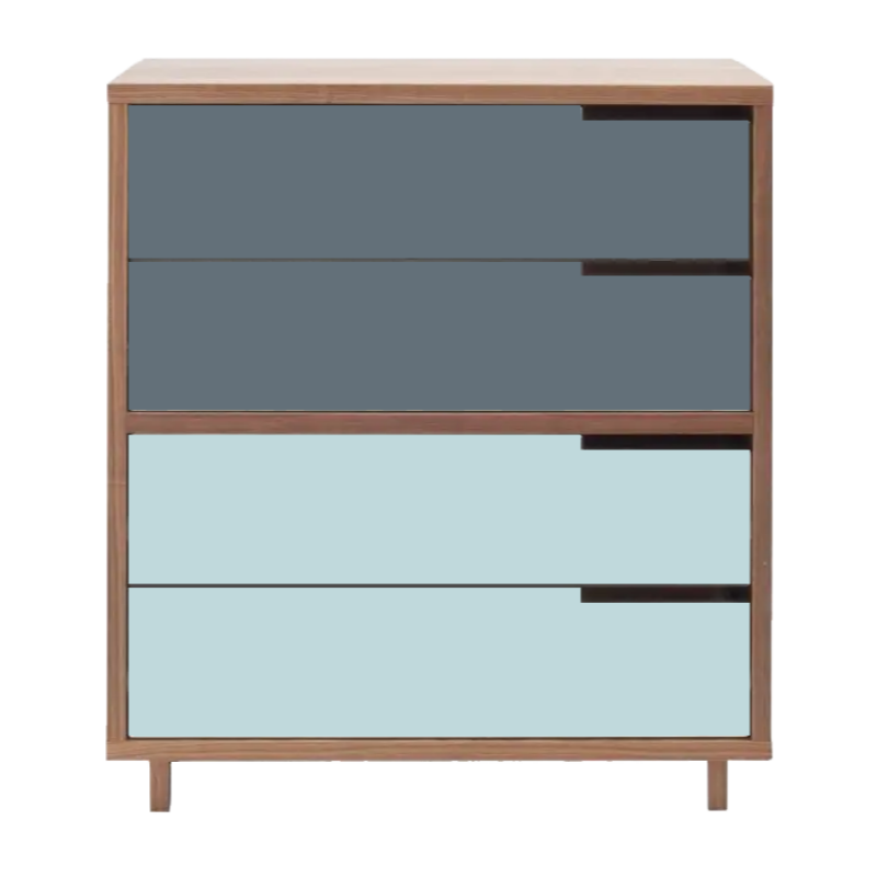 The Modu-licious #4 from Blu Dot in walnut with grey blue drawer set 1 and robin's egg blue drawer set 2.