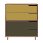 The Modu-licious #4 from Blu Dot in walnut with mustard drawer set 1 and dark olive drawer set 2.