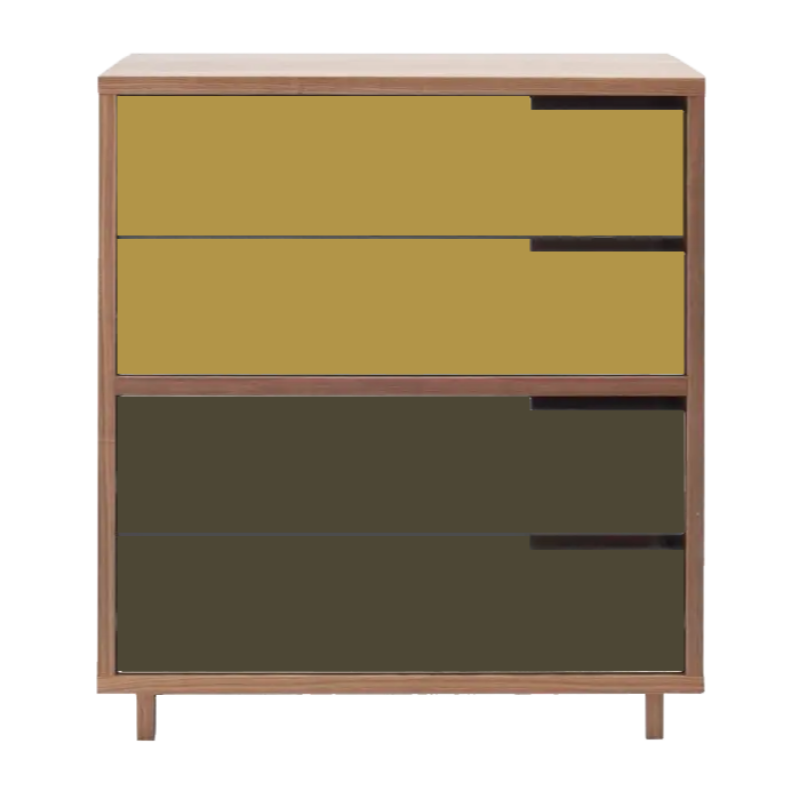 The Modu-licious #4 from Blu Dot in walnut with mustard drawer set 1 and dark olive drawer set 2.