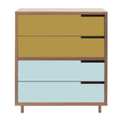 The Modu-licious #4 from Blu Dot in walnut with mustard drawer set 1 and robin's egg blue drawer set 2.