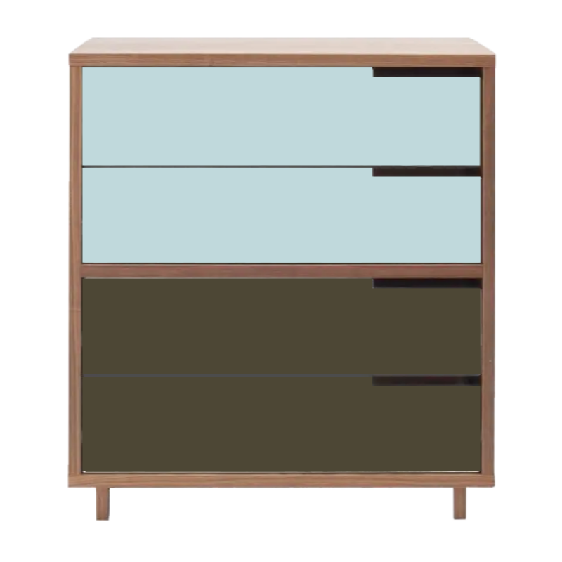 The Modu-licious #4 from Blu Dot in walnut with robin's egg blue drawer set 1 and dark olive drawer set 2.