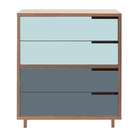 The Modu-licious #4 from Blu Dot in walnut with robin's egg blue drawer set 1 and grey blue drawer set 2.