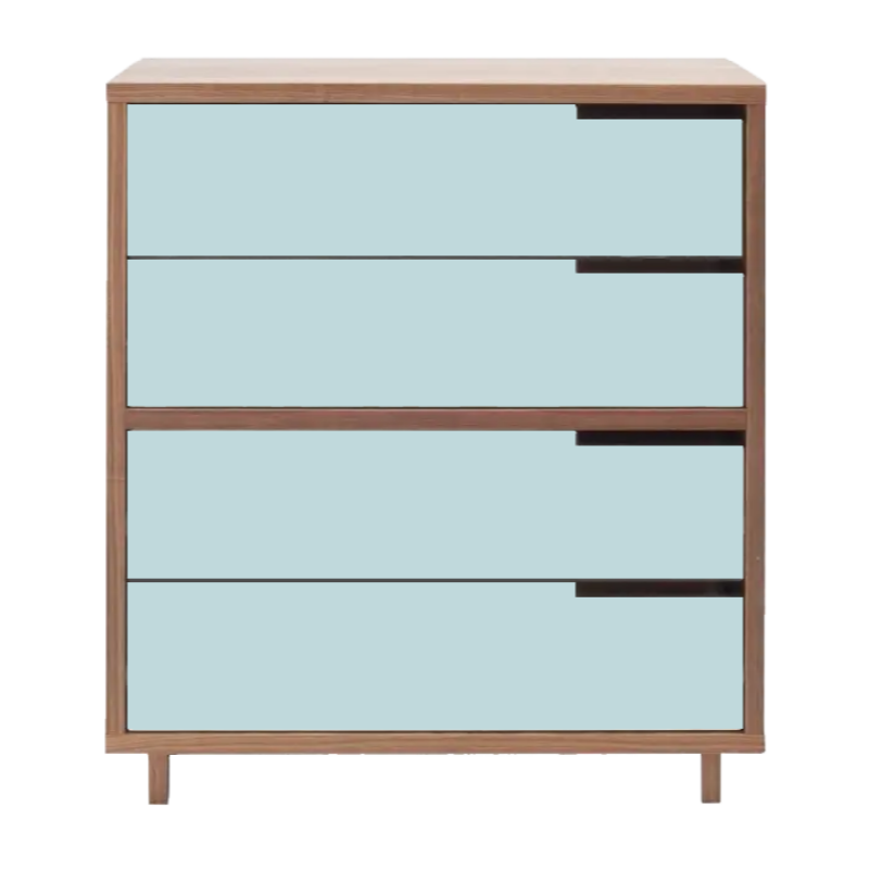 The Modu-licious #4 from Blu Dot in walnut with robin's egg blue drawer set 1 and robin's egg blue drawer set 2.