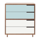 The Modu-licious #4 from Blu Dot in walnut with robin's egg blue drawer set 1 and white drawer set 2.