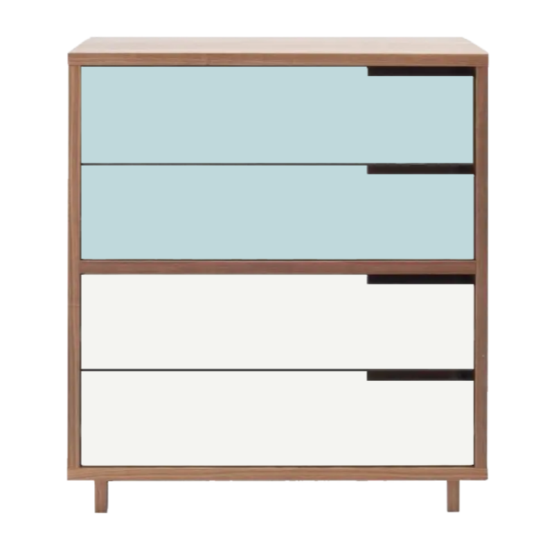 The Modu-licious #4 from Blu Dot in walnut with robin's egg blue drawer set 1 and white drawer set 2.