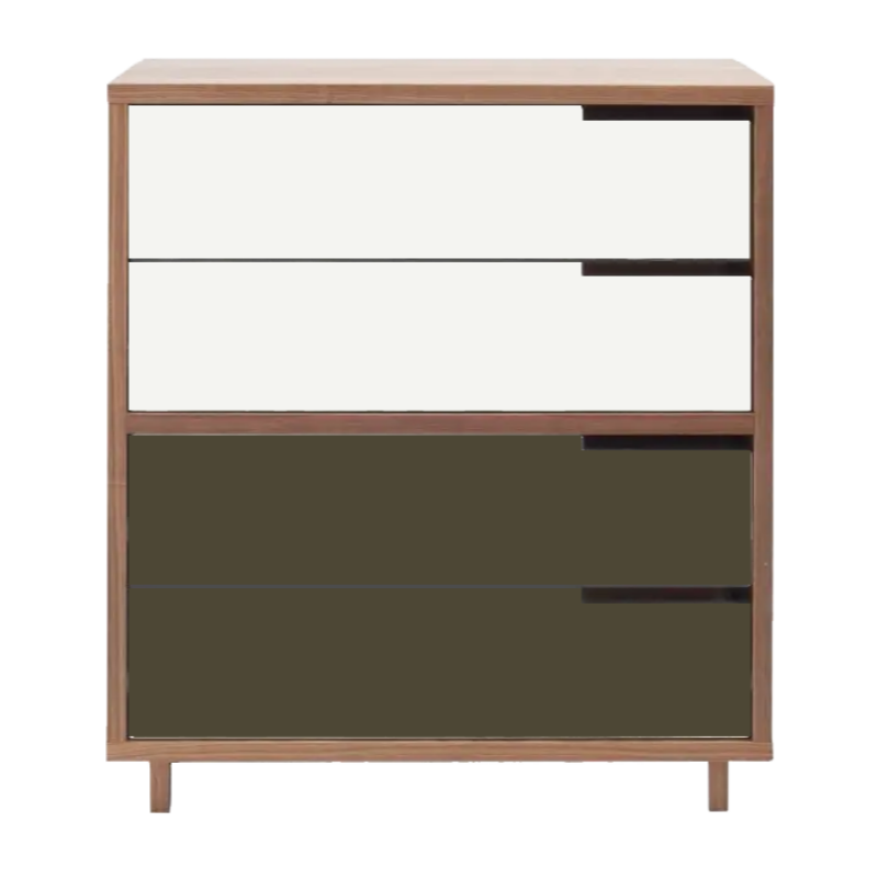 The Modu-licious #4 from Blu Dot in walnut with white drawer set 1 and dark olive drawer set 2.