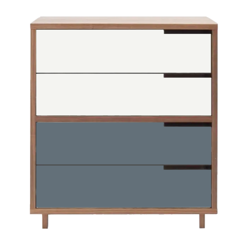 The Modu-licious #4 from Blu Dot in walnut with white drawer set 1 and grey blue drawer set 2.