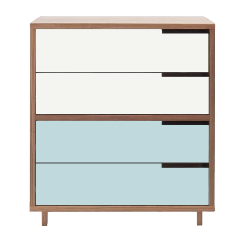 The Modu-licious #4 from Blu Dot in walnut with white drawer set 1 and robin's egg blue drawer set 2.